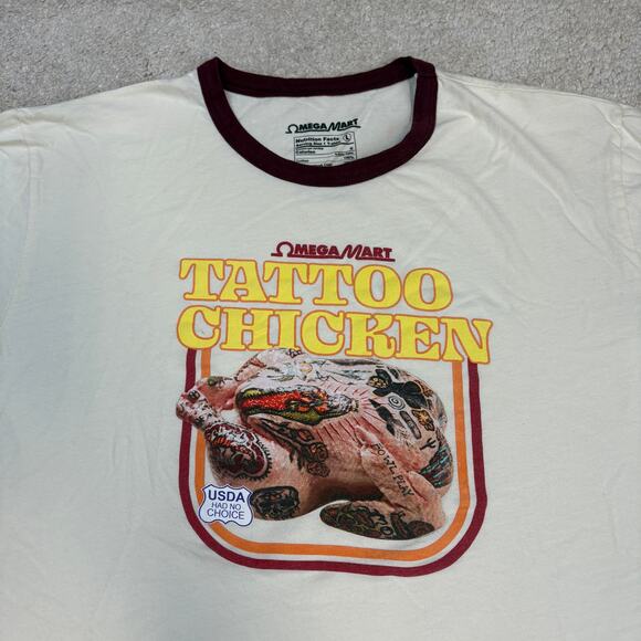 NWOT Omega Mart Tattoo Chicken Ringer Graphic T-Shirt Cream Red Size L - Picture 2 of 4